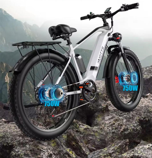 Vélo électrique tout-terrain F26 équipé de deux moteurs brushless de 750W, d'une batterie intégrée, de pneus larges 26"x4.0" pour une meilleure adhérence, et d'une suspension avant, idéal pour les terrains montagneux et les aventures en extérieur.