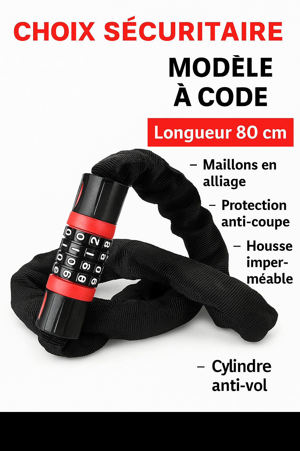Serrure de vélo, serrure de véhicule électrique, serrure à chaîne antivol, serrure de vélo de montagne, allongée et épaissie, serrure de moto, serrure de porte