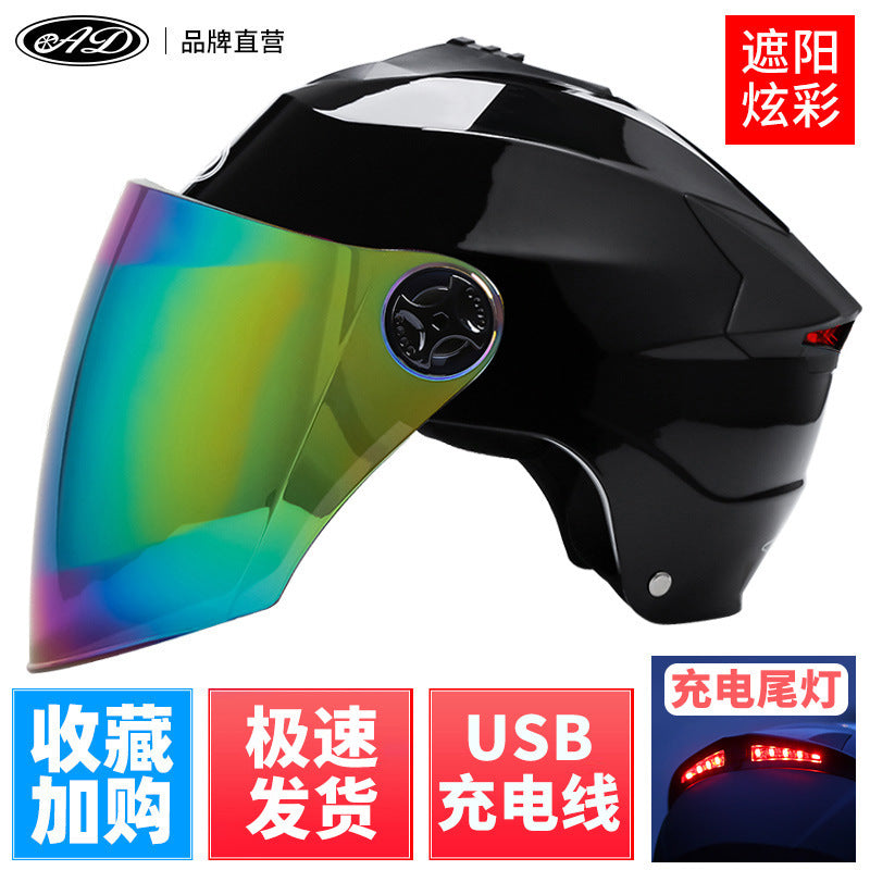 Casque LED rechargeable casque de moto batterie casque dur protection solaire été moyen casque transpirable
