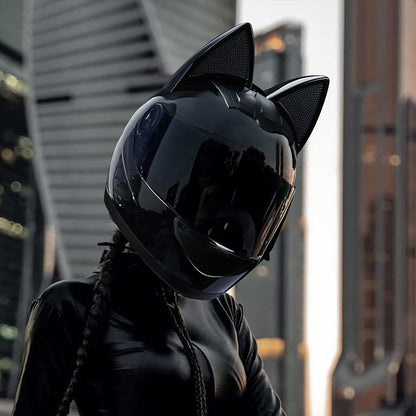 Casque électrique de moto HENJ, oreille de chat féminine, casque intégral peuvent être équipés découteurs Bluetooth