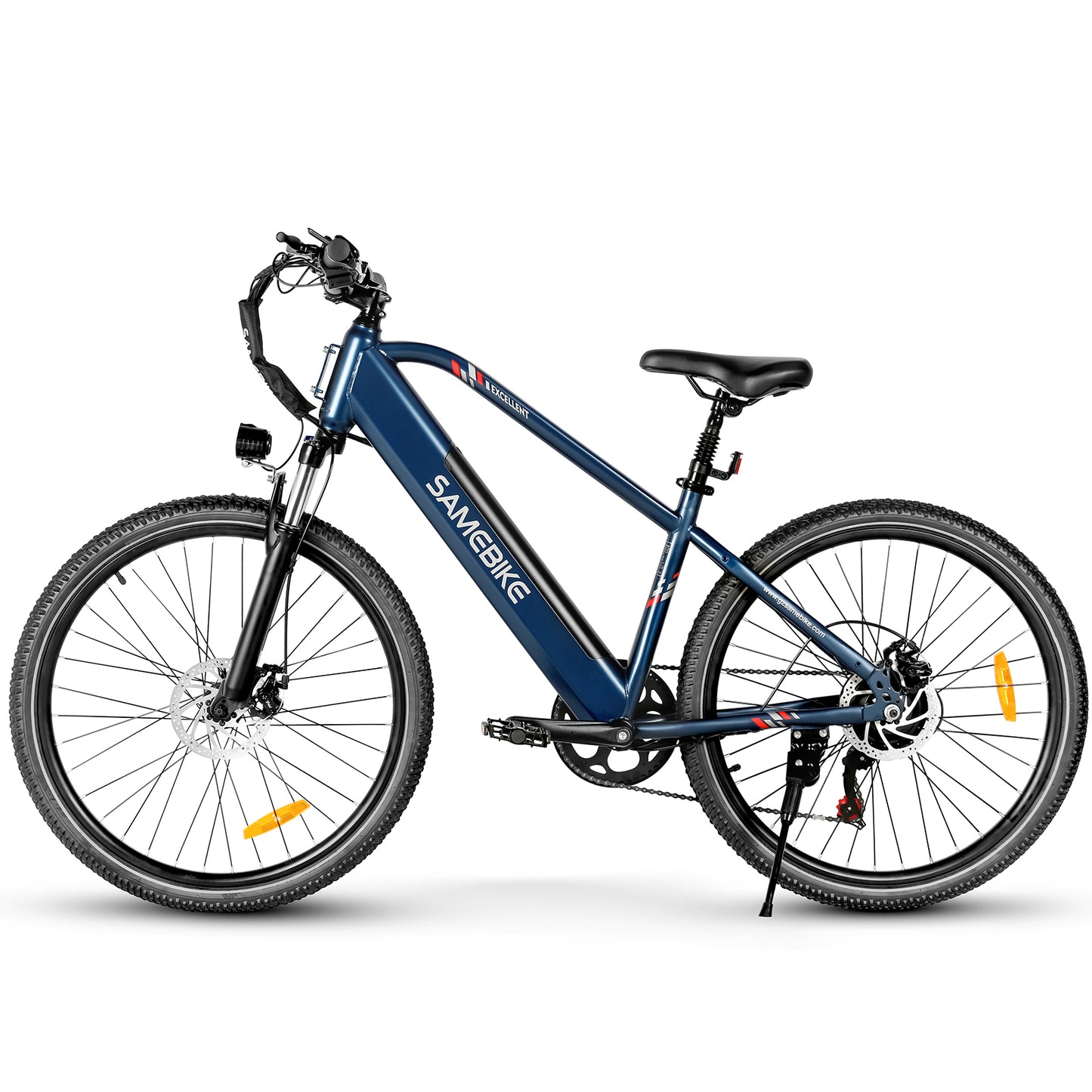 Vélo électrique SAMEBIKE modèle RS-A01 bleu avec cadre moderne et épuré, batterie intégrée, freins à disque, suspension avant, et pneus robustes, idéal pour les trajets quotidiens et les balades tout-terrain avec style et performance.