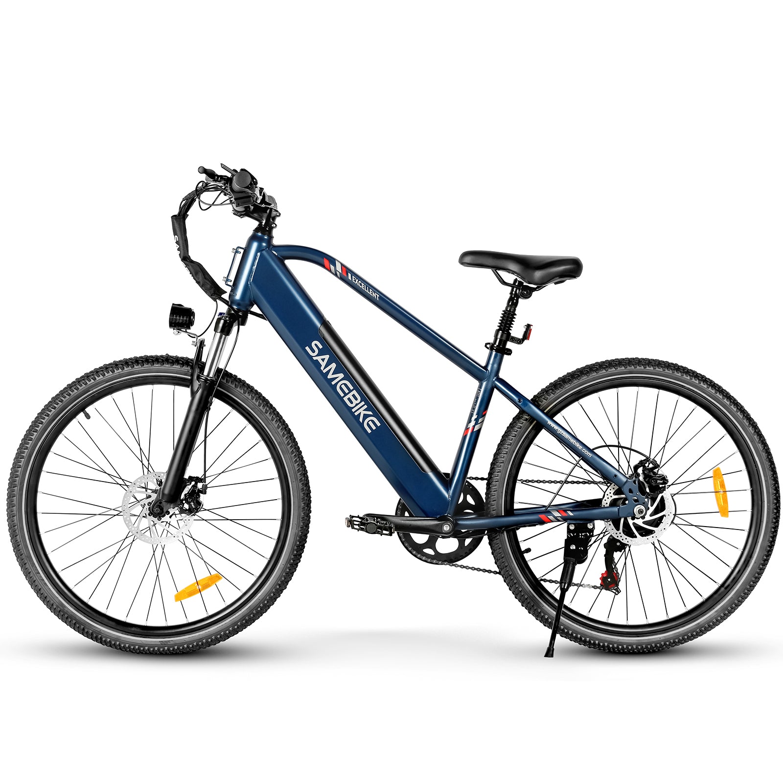 Vélo électrique SAMEBIKE modèle RS-A01 bleu avec cadre moderne et épuré, batterie intégrée, freins à disque, suspension avant, et pneus robustes, idéal pour les trajets quotidiens et les balades tout-terrain avec style et performance.