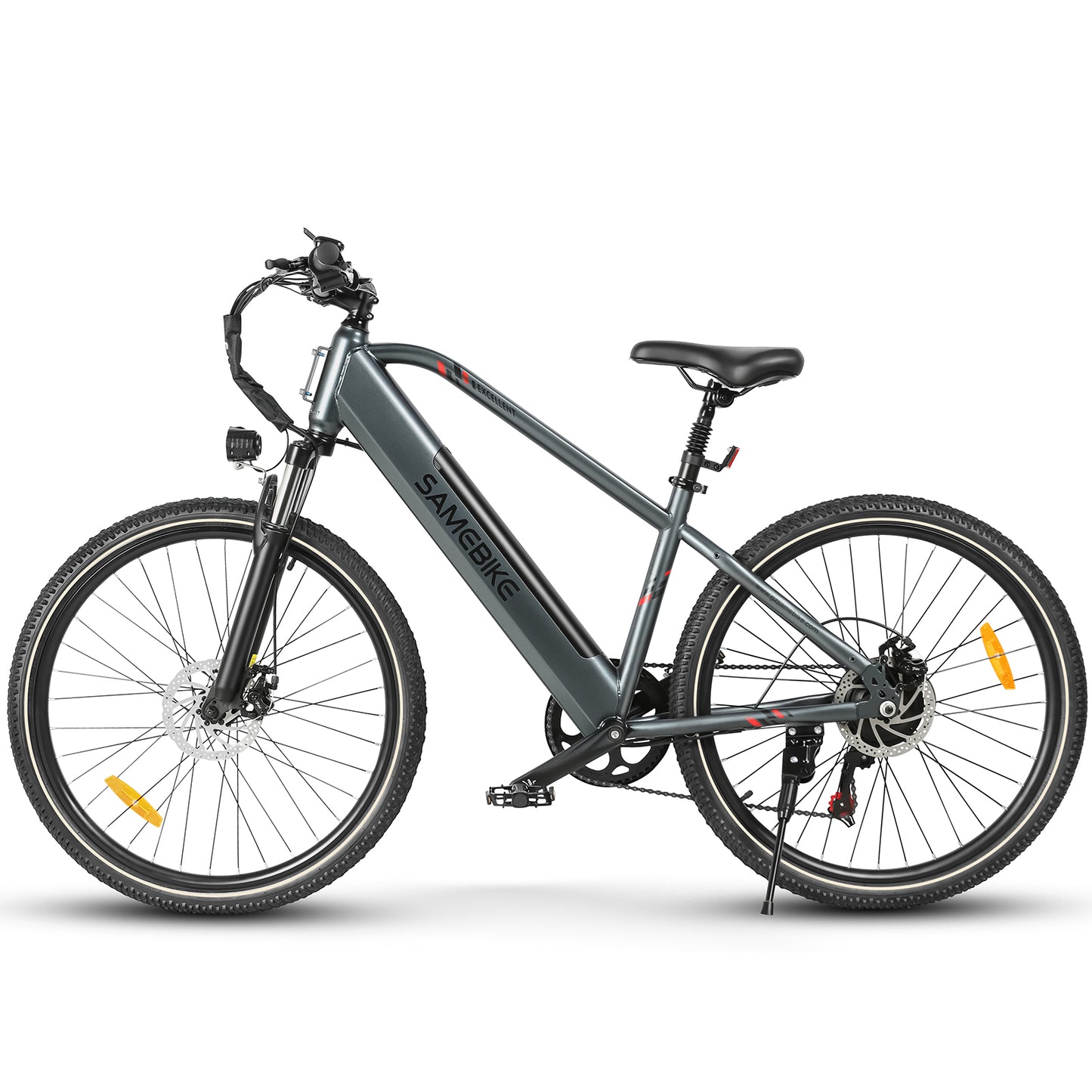 Vélo électrique SAMEBIKE modèle RS-A01 gris avec cadre moderne et épuré, batterie intégrée, freins à disque, suspension avant, et pneus robustes, idéal pour les trajets quotidiens et les balades tout-terrain avec style et performance.