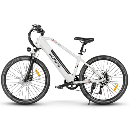 Vélo électrique SAMEBIKE modèle RS-A01 blanc avec cadre moderne et épuré, batterie intégrée, freins à disque, suspension avant, et pneus robustes, idéal pour les trajets quotidiens et les balades tout-terrain avec style et performance.