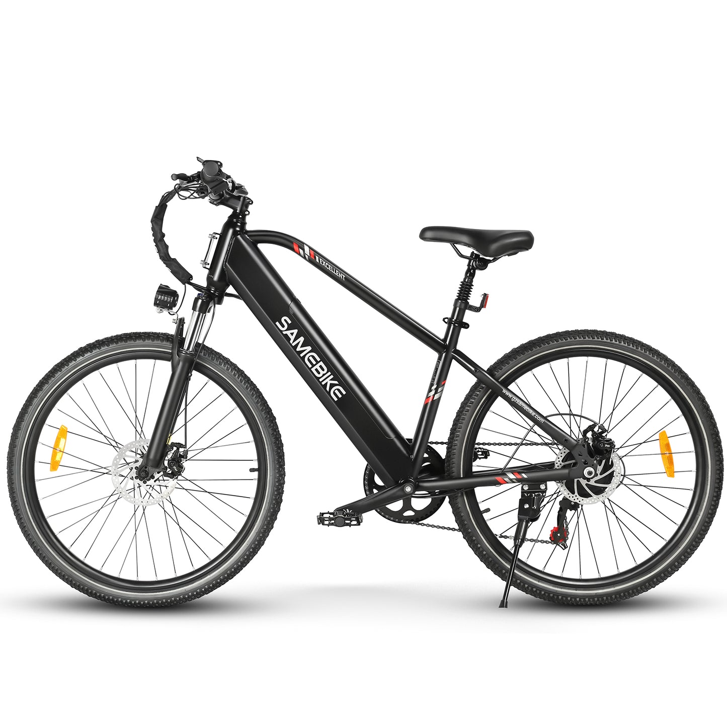 Vélo électrique SAMEBIKE modèle RS-A01 noir avec cadre moderne et épuré, batterie intégrée, freins à disque, suspension avant, et pneus robustes, idéal pour les trajets quotidiens et les balades tout-terrain avec style et performance.