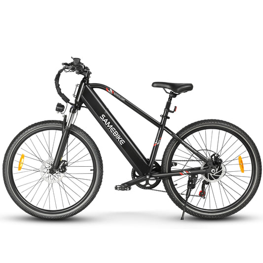 Vélo électrique SAMEBIKE modèle RS-A01 noir avec cadre moderne et épuré, batterie intégrée, freins à disque, suspension avant, et pneus robustes, idéal pour les trajets quotidiens et les balades tout-terrain avec style et performance.