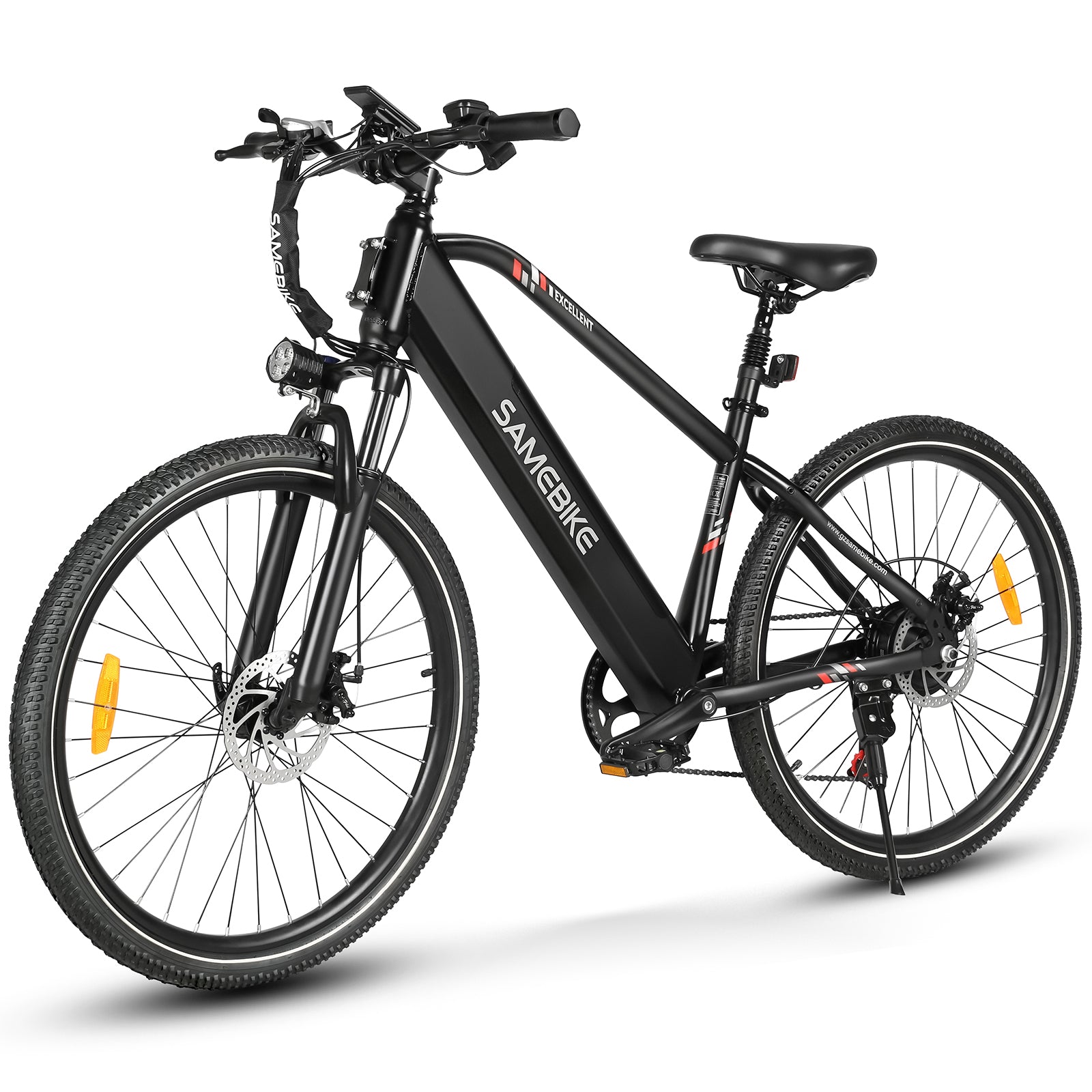Vélo électrique SAMEBIKE modèle RS-A01 noir avec cadre moderne et épuré, batterie intégrée, freins à disque, suspension avant, et pneus robustes, idéal pour les trajets quotidiens et les balades tout-terrain avec style et performance.