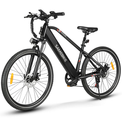 Vélo électrique SAMEBIKE modèle RS-A01 noir avec cadre moderne et épuré, batterie intégrée, freins à disque, suspension avant, et pneus robustes, idéal pour les trajets quotidiens et les balades tout-terrain avec style et performance.