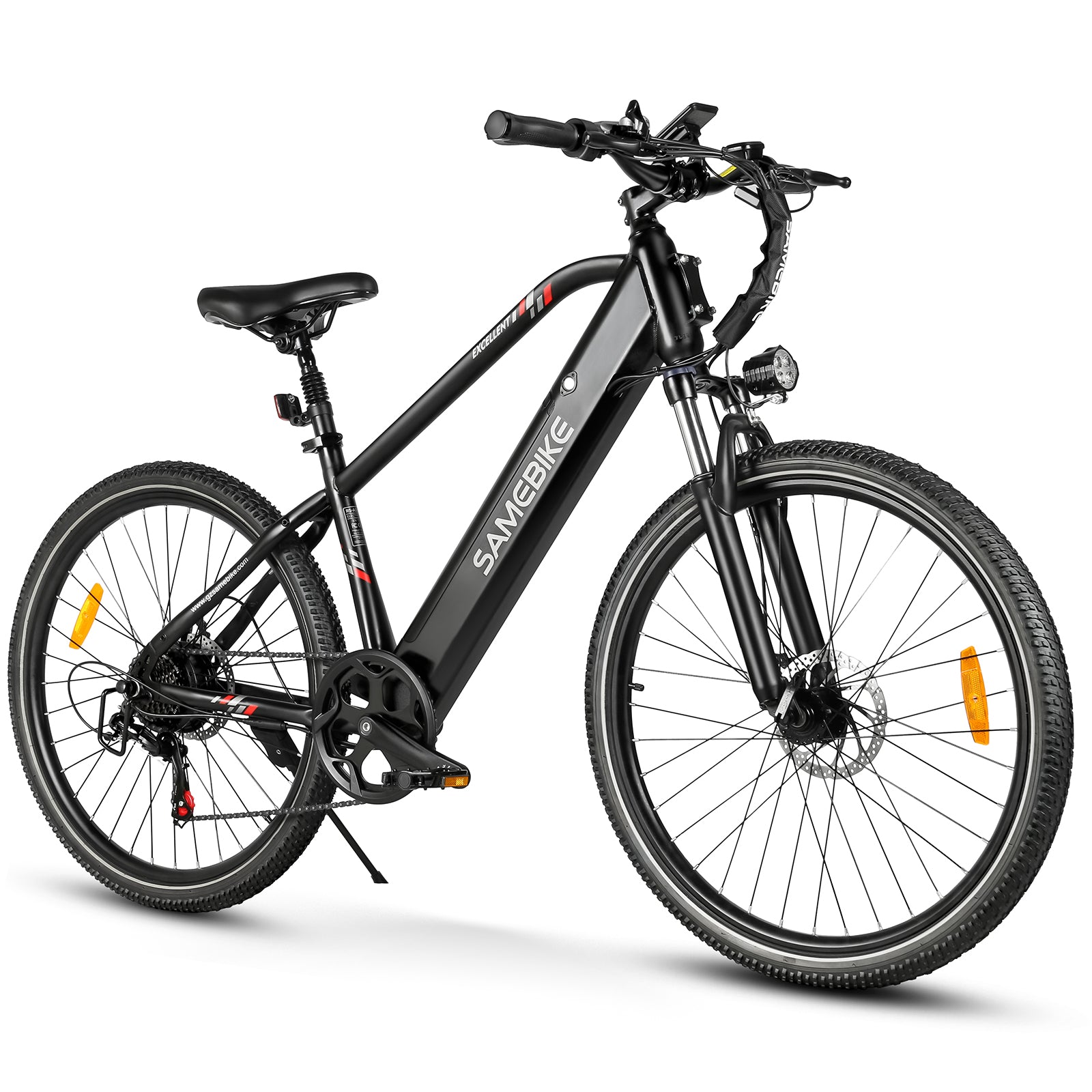 Vélo électrique SAMEBIKE modèle RS-A01 noir avec cadre moderne et épuré, batterie intégrée, freins à disque, suspension avant, et pneus robustes, idéal pour les trajets quotidiens et les balades tout-terrain avec style et performance.
