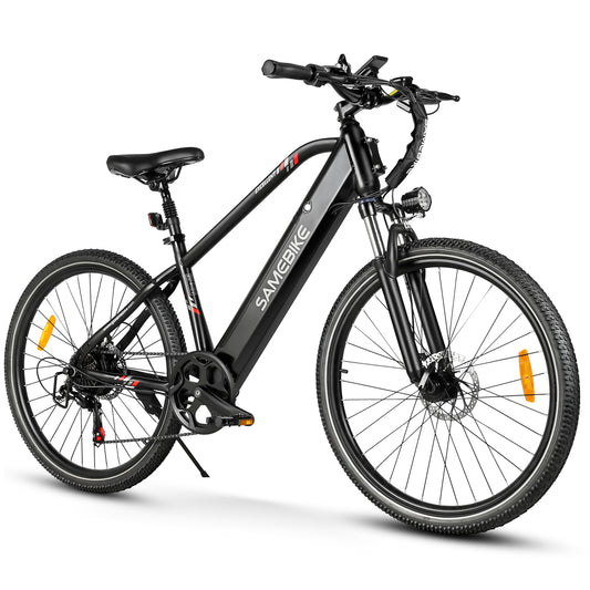 Vélo électrique SAMEBIKE modèle RS-A01 noir avec cadre moderne et épuré, batterie intégrée, freins à disque, suspension avant, et pneus robustes, idéal pour les trajets quotidiens et les balades tout-terrain avec style et performance.