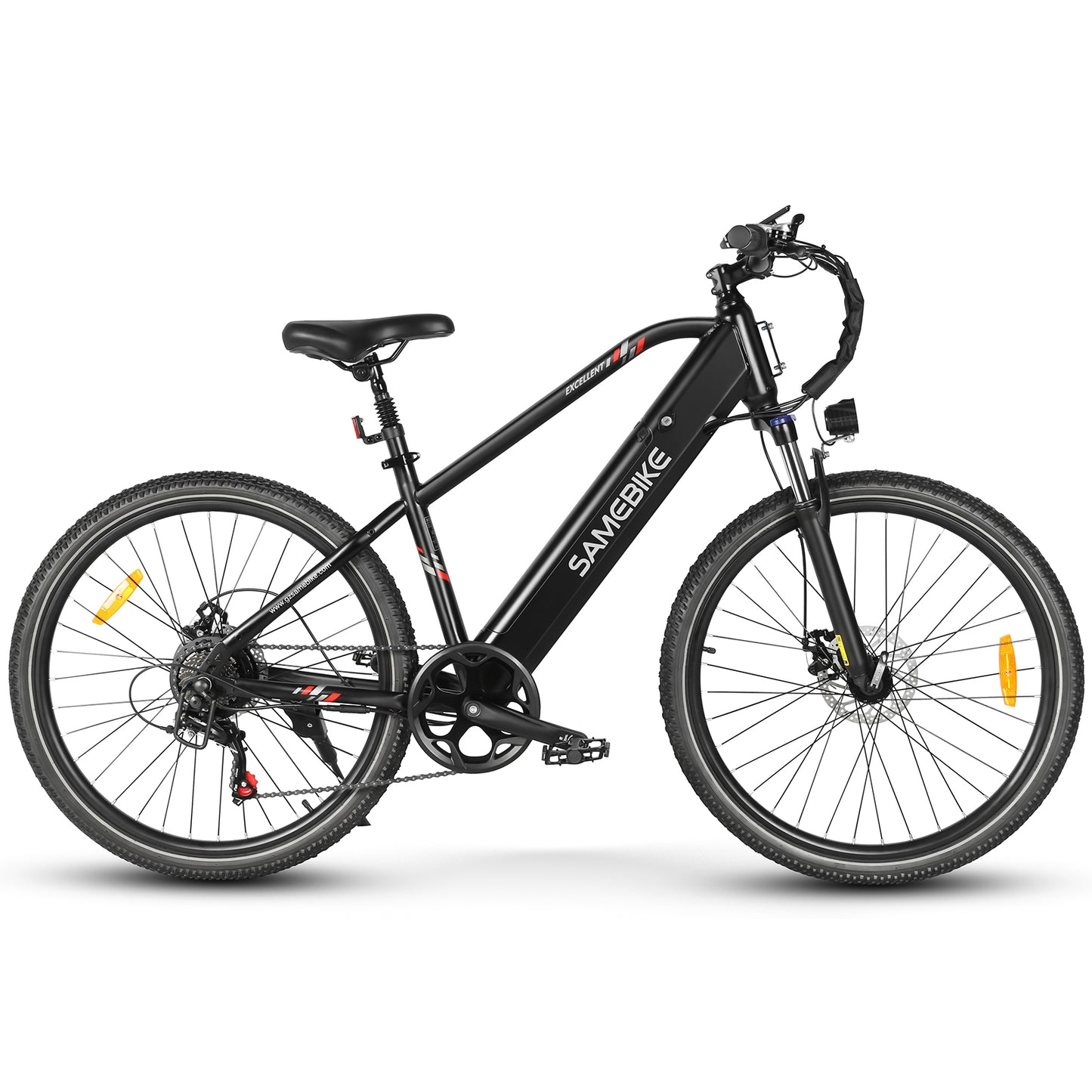 Vélo électrique SAMEBIKE modèle RS-A01 noir avec cadre moderne et épuré, batterie intégrée, freins à disque, suspension avant, et pneus robustes, idéal pour les trajets quotidiens et les balades tout-terrain avec style et performance.