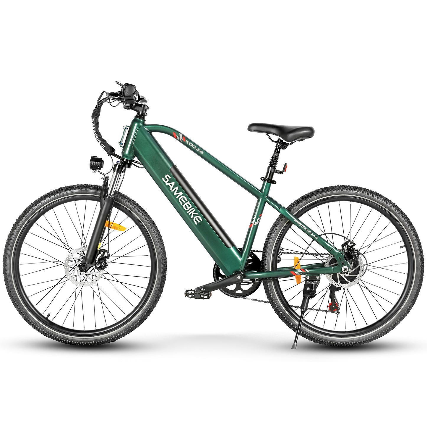 Vélo électrique SAMEBIKE modèle RS-A01 vert avec cadre moderne et épuré, batterie intégrée, freins à disque, suspension avant, et pneus robustes, idéal pour les trajets quotidiens et les balades tout-terrain avec style et performance.