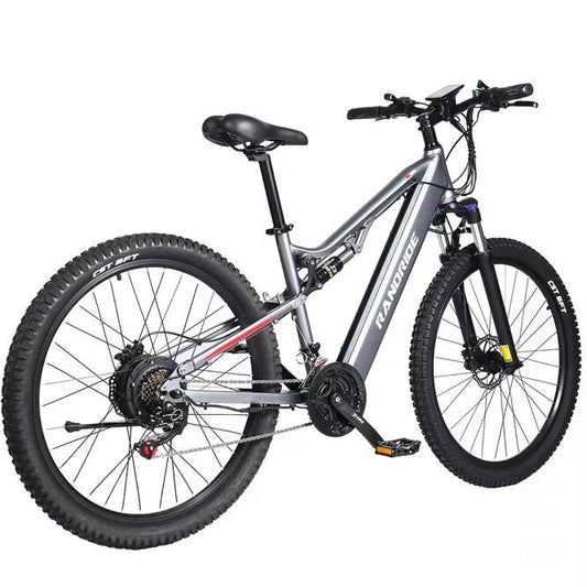 Vélo électrique tout-terrain Randride avec cadre en aluminium robuste, suspension intégrale, pneus larges pour une meilleure adhérence, et système de transmission performant, idéal pour les aventures en plein air et les déplacements sur terrains accidentés.