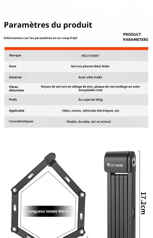 West Rider  serrure antivol pour vélo, serrure à clé, batterie électrique, serrure pliante Portable, classe C, cisaille anti-hydraulique