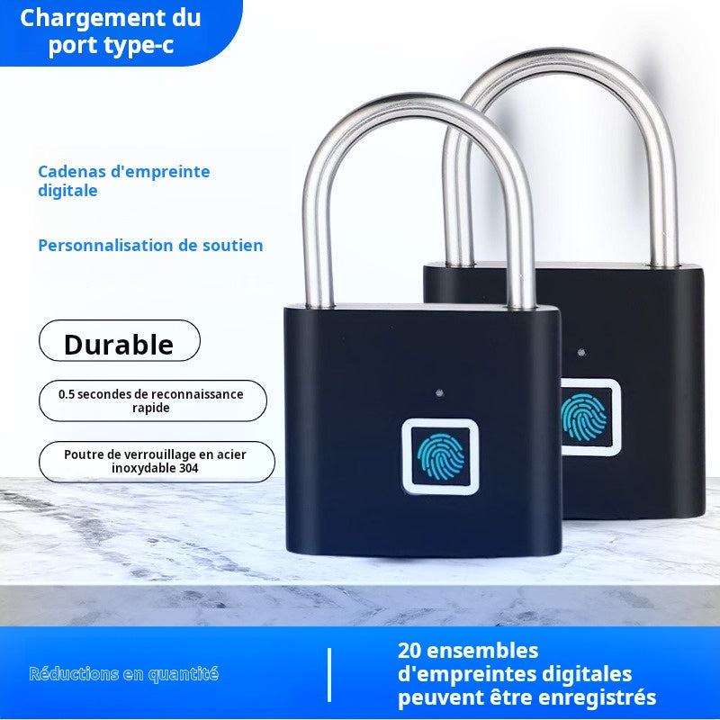 Cadenas empreintes digitales, déverrouillage sans clé, port type C avec charge d'empreintes digitales, serrure électronique, modèle longue durée