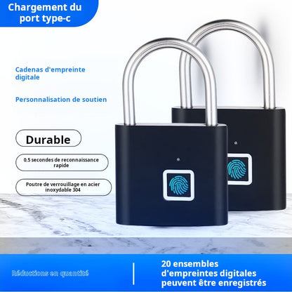 Cadenas empreintes digitales, déverrouillage sans clé, port type C avec charge d'empreintes digitales, serrure électronique, modèle longue durée