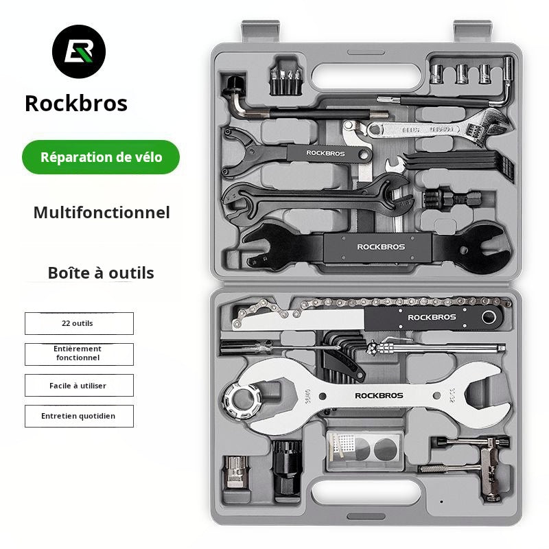 Boîte à outils de réparation de vélos Rock Brothers Clé à molette Ensemble de réparation de pneus Réparation de vélos de route Matériel d’entretien de VTT